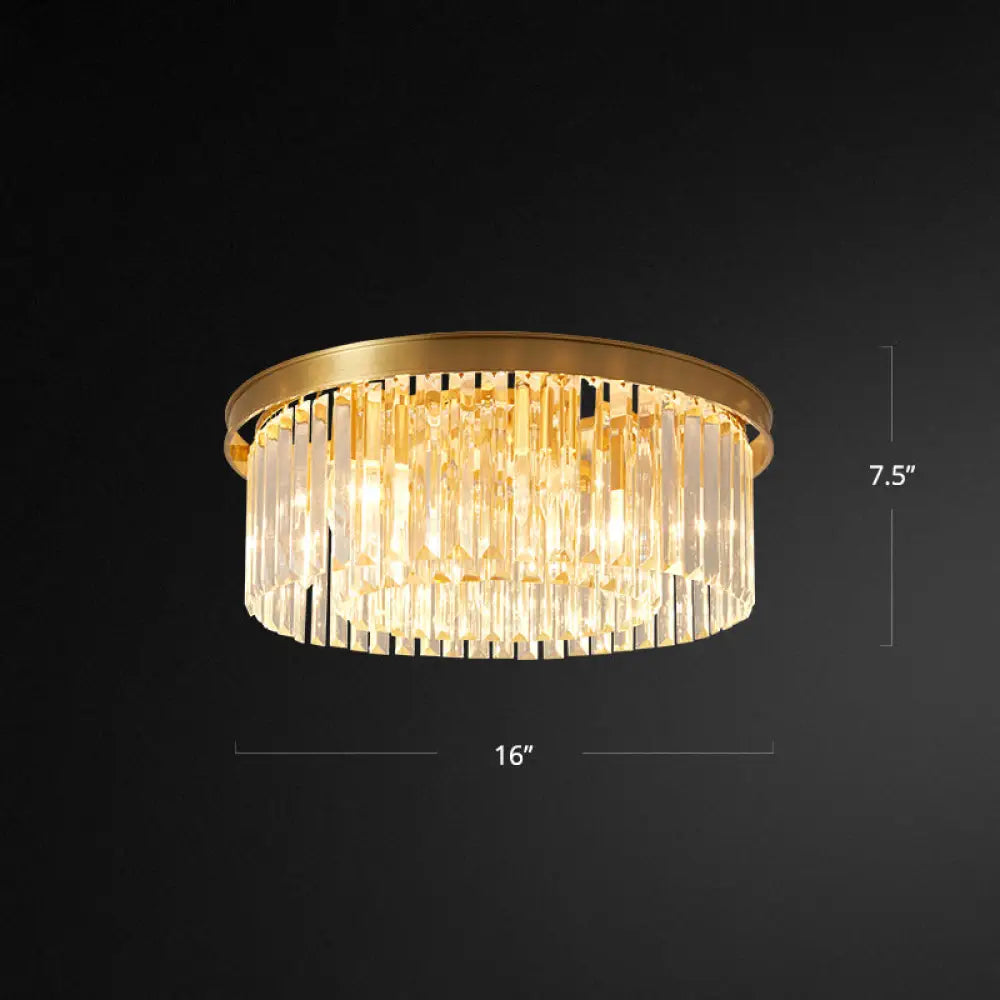 Prismatic Crystal Drum Flushmount Brass Ceiling Light For Living Room / 16’