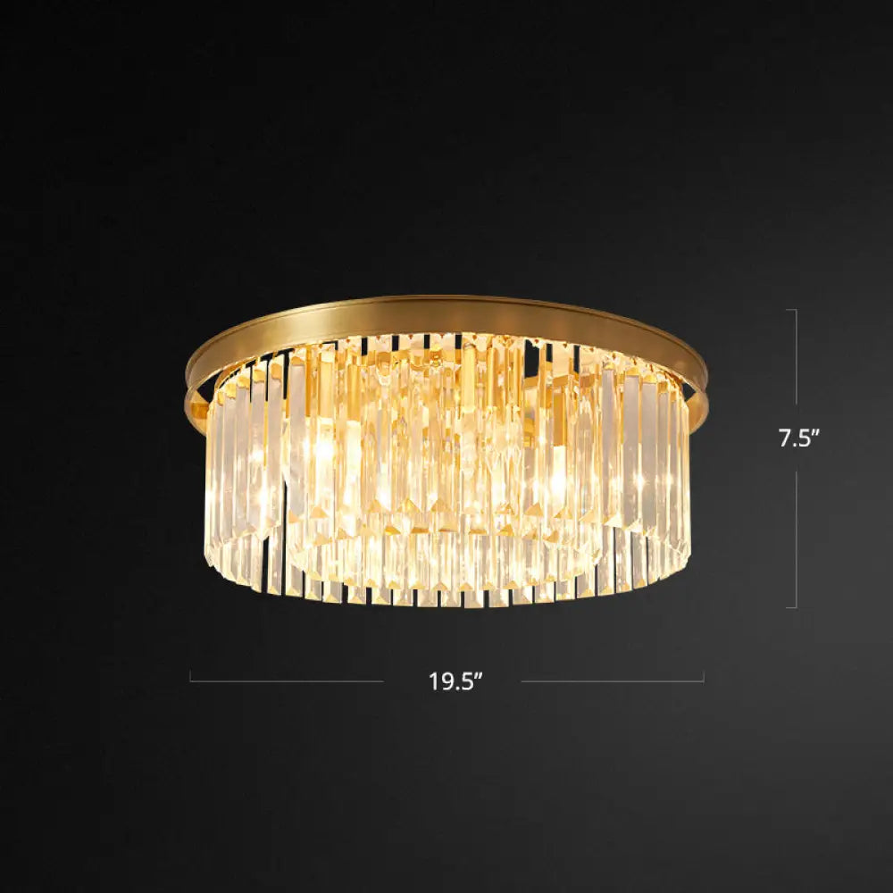 Prismatic Crystal Drum Flushmount Brass Ceiling Light For Living Room / 19.5’