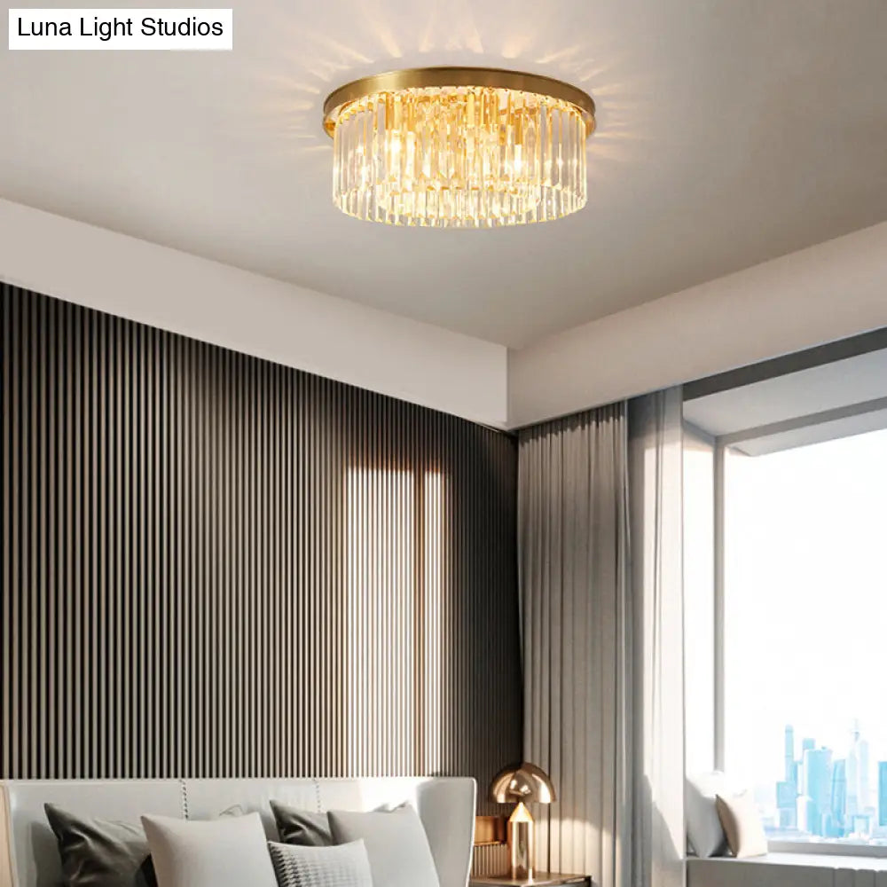 Prismatic Crystal Drum Flushmount Brass Ceiling Light For Living Room