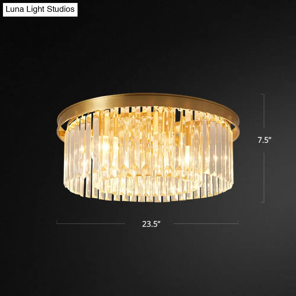 Prismatic Crystal Drum Flushmount Brass Ceiling Light For Living Room / 23.5