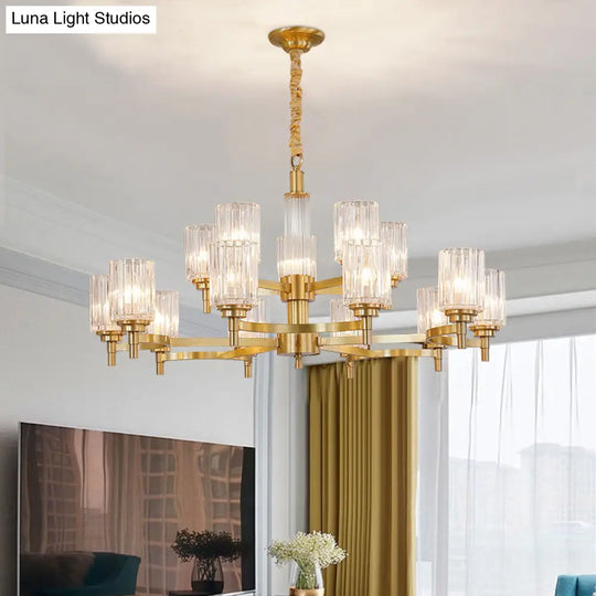 Prismatic Crystal Glass Brass Chandelier: Minimalistic Cylindrical Suspension Light For Restaurants