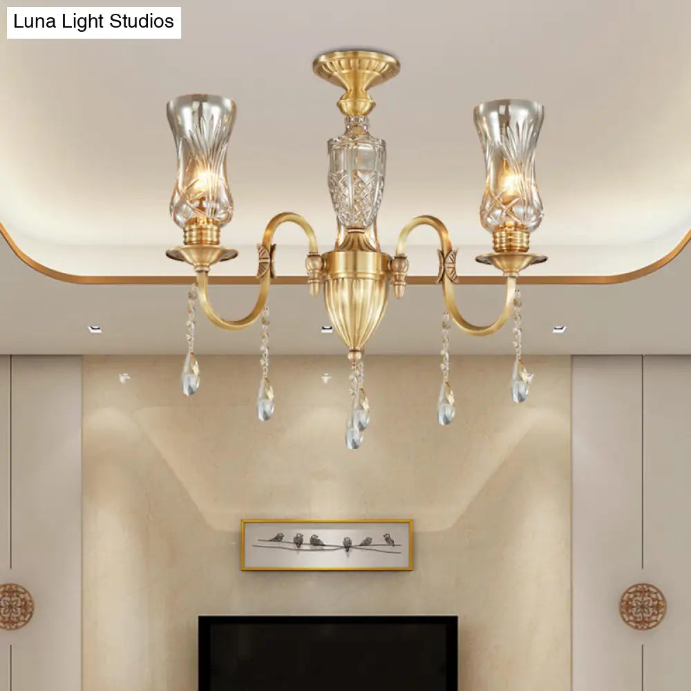 Modern Prismatic Crystal Pendant Chandelier For Living Room 3-Head Gold Lighting Fixture