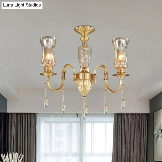 Modern Prismatic Crystal Pendant Chandelier For Living Room 3-Head Gold Lighting Fixture