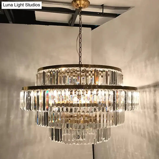 Prismatic Crystal Tiered Chandelier - 15-Bulb Modern Style Pendant Light In Gold