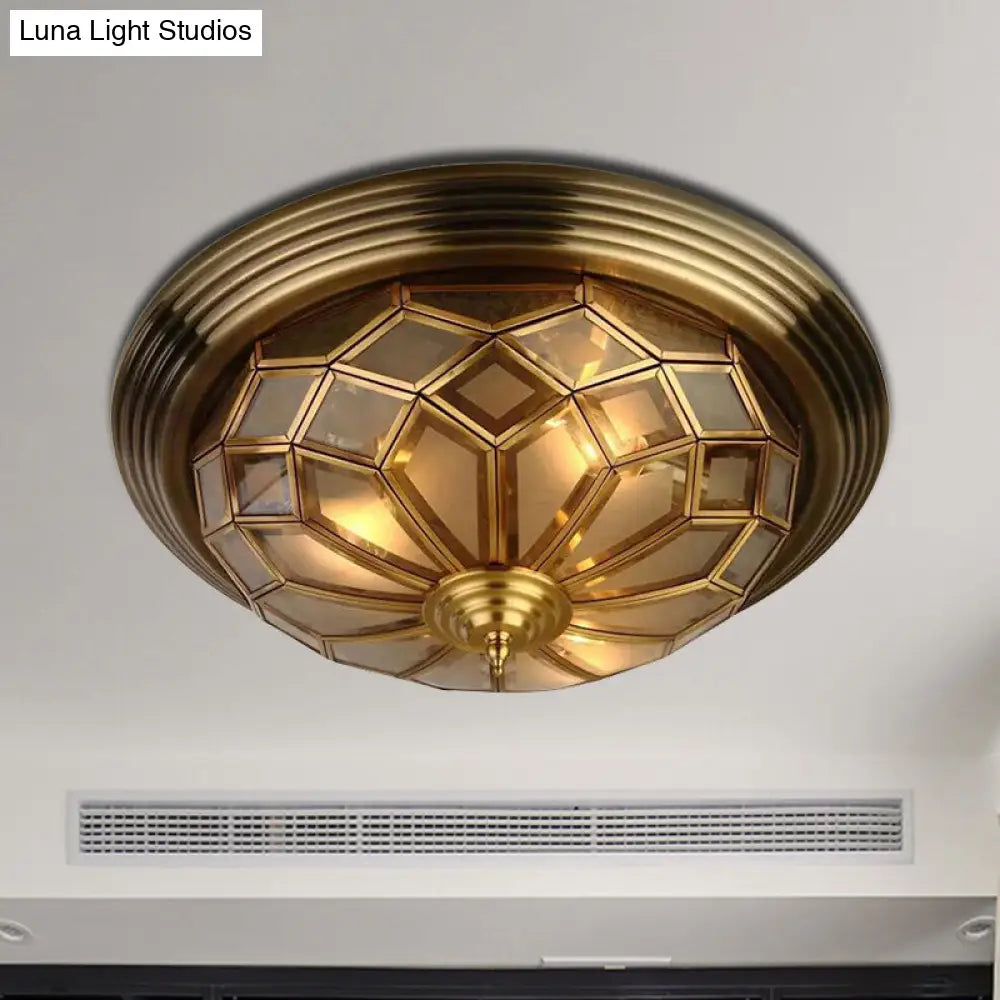 Prismatic Frosted Glass Flush Light Fixture - 3/4 Lights Bedroom Lighting In Brass 14 - 18’ Wide
