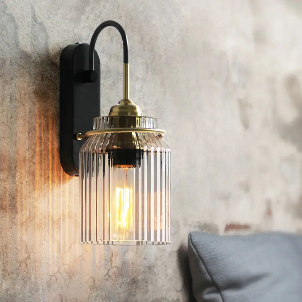 Prismatic Glass Can Sconce Farmhouse Wall Mount Light With Bedside Bulb In Black