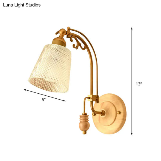 Prismatic Glass Cone Sconce Lamp - Brass Wall Lighting Fixture With Curved Arm