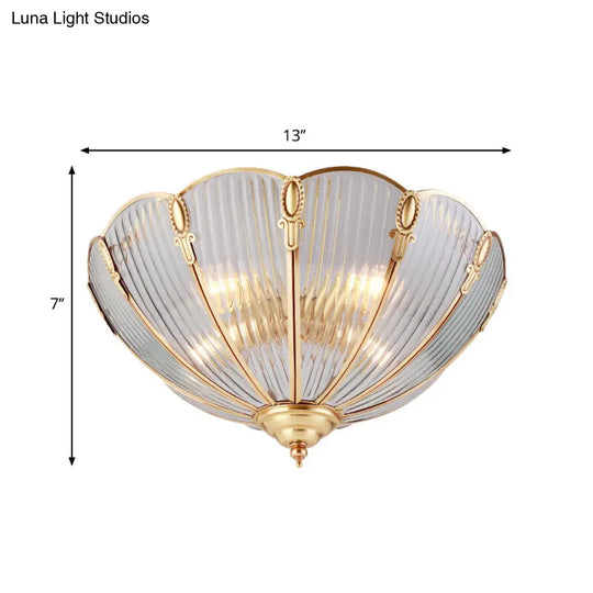 Prismatic Glass Flush Mount Ceiling Light With Colonial Brass Finish - 3-Light Scalloped Design