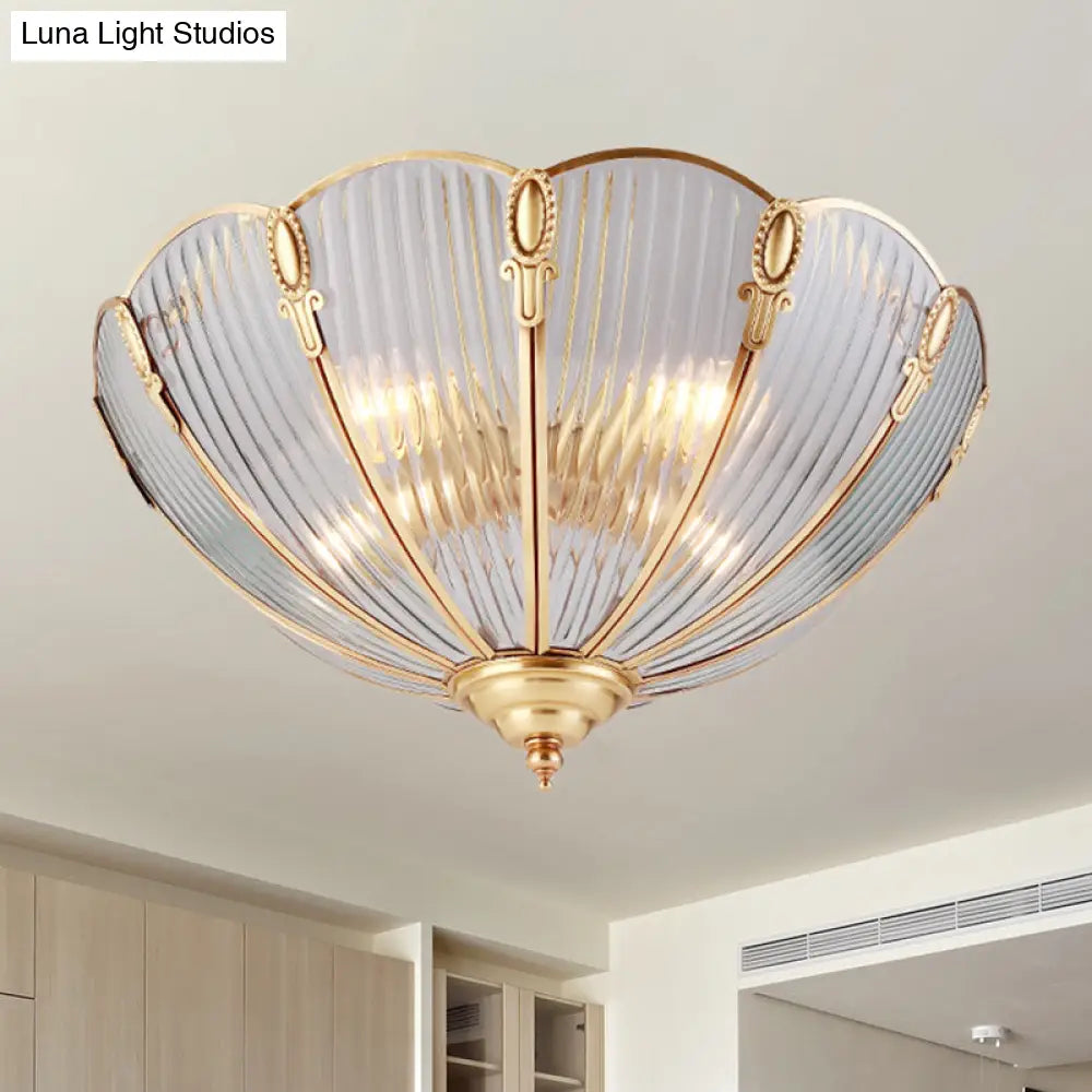 Prismatic Glass Flush Mount Ceiling Light With Colonial Brass Finish - 3 - Light Scalloped Design