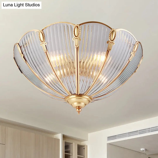 Prismatic Glass Flush Mount Ceiling Light With Colonial Brass Finish - 3-Light Scalloped Design