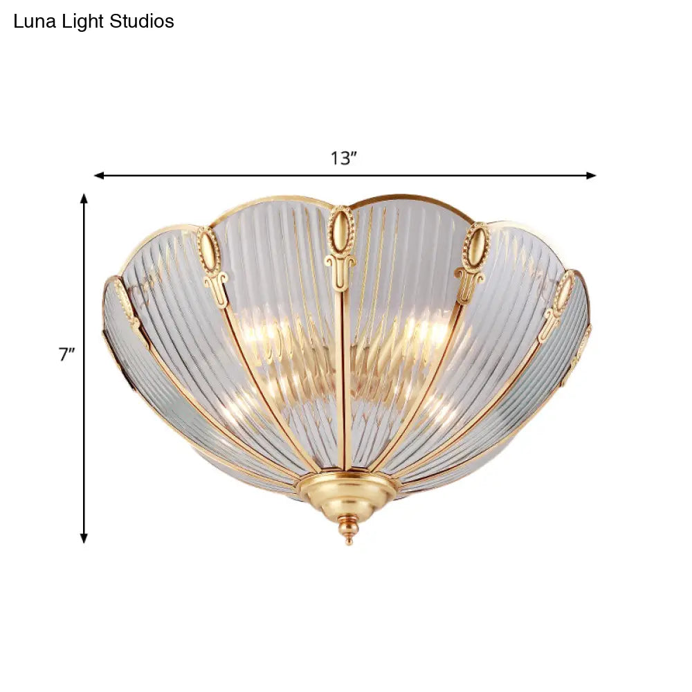 Prismatic Glass Flush Mount Ceiling Light With Colonial Brass Finish - 3 - Light Scalloped Design