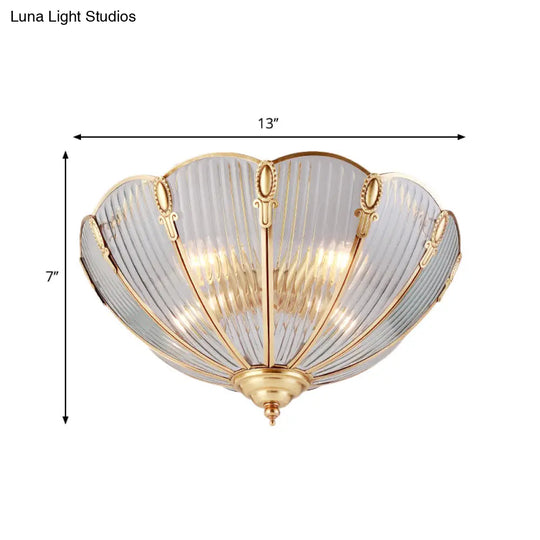 Prismatic Glass Flush Mount Ceiling Light With Colonial Brass Finish - 3 - Light Scalloped Design