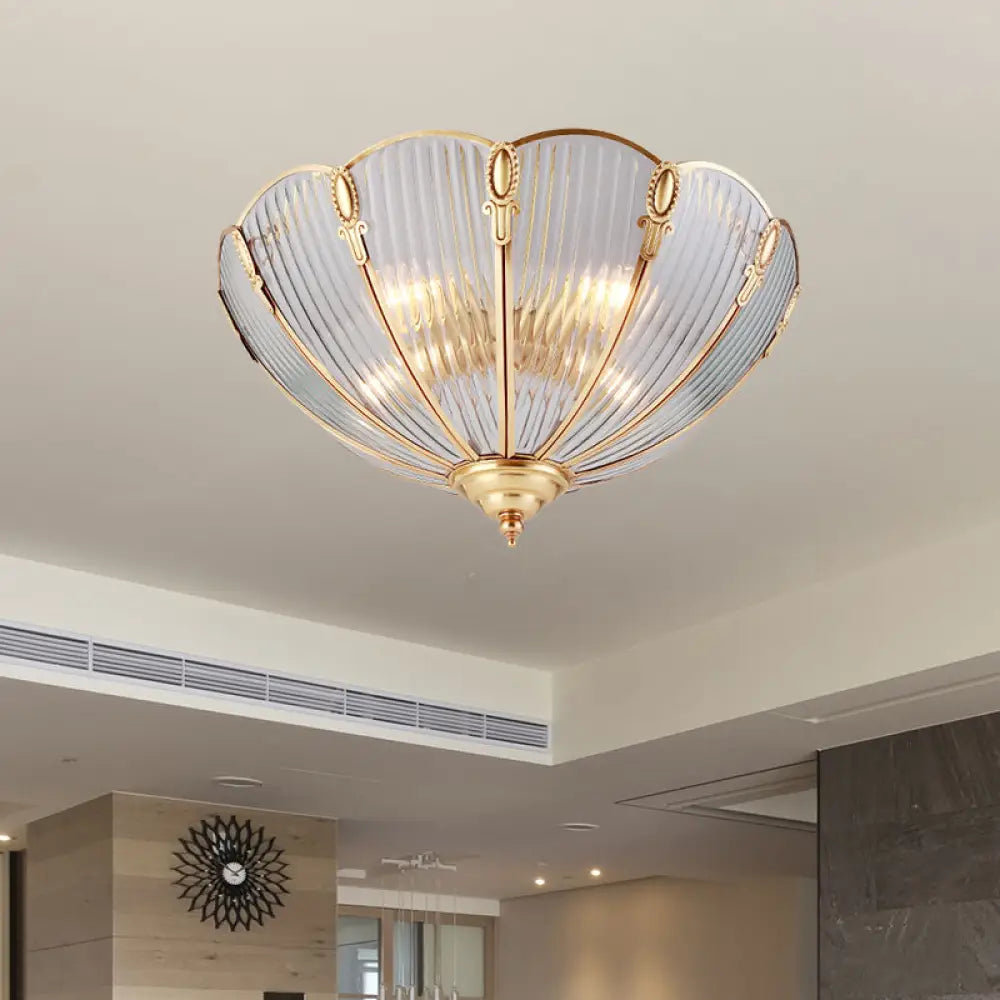 Prismatic Glass Flush Mount Ceiling Light With Colonial Brass Finish - 3 - Light Scalloped Design