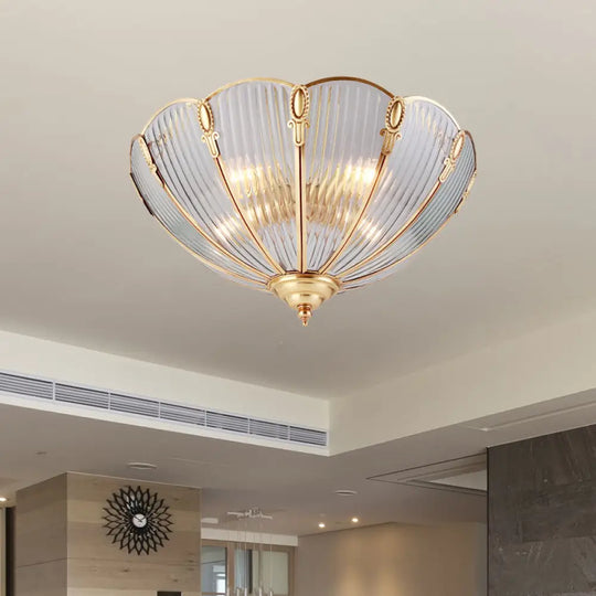 Prismatic Glass Flush Mount Ceiling Light With Colonial Brass Finish - 3 - Light Scalloped Design