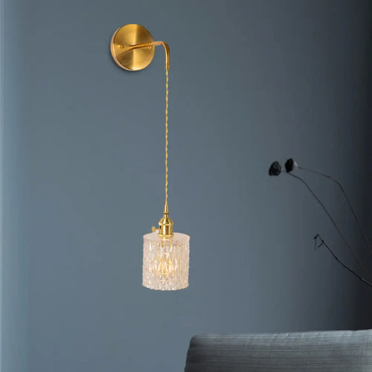 Prismatic Glass Gold Wall Sconce Led Light Fixture - Traditional Cylinder/Barrel/Flower Design /