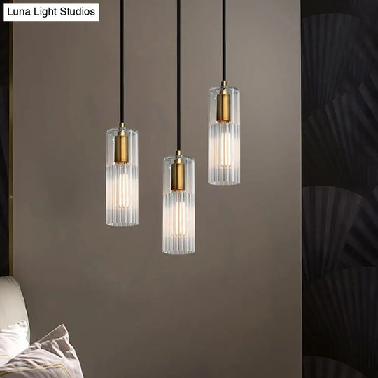 White Prismatic Glass Pendant Ceiling Lamp With Brass Finish - Simple Tube Design For Bedroom