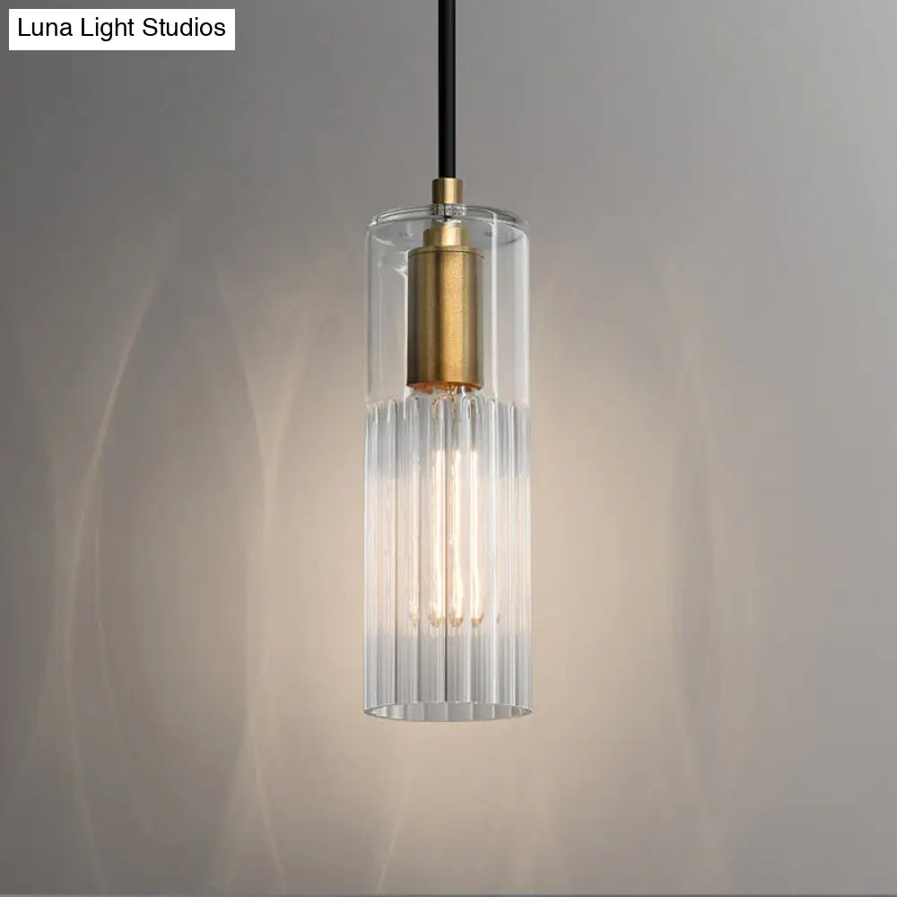 White Prismatic Glass Pendant Ceiling Lamp With Brass Finish - Simple Tube Design For Bedroom