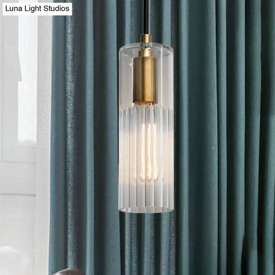 White Prismatic Glass Pendant Ceiling Lamp With Brass Finish - Simple Tube Design For Bedroom