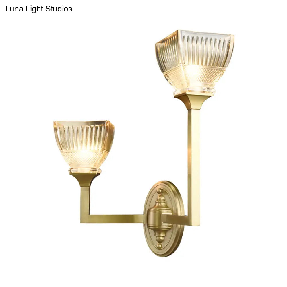 Prismatic Glass Torch Sconce Light - Modernist Wall Lamp With Gold Arm