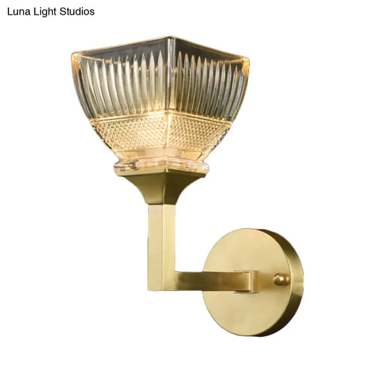 Prismatic Glass Torch Sconce Light - Modernist Wall Lamp With Gold Arm