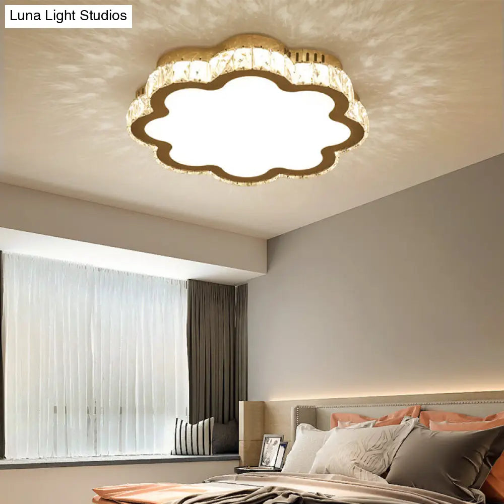 Prismatic K9 Crystal Ceiling Light: Elegant White Flush Mount Led For Bedroom / Small Flower