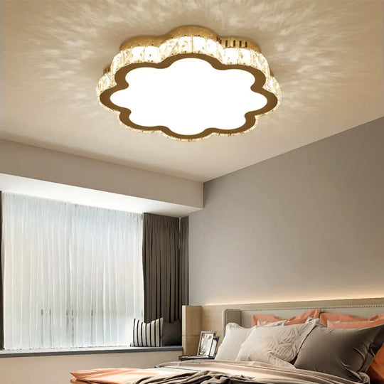 Prismatic K9 Crystal Ceiling Light: Elegant White Flush Mount Led For Bedroom / Small Flower