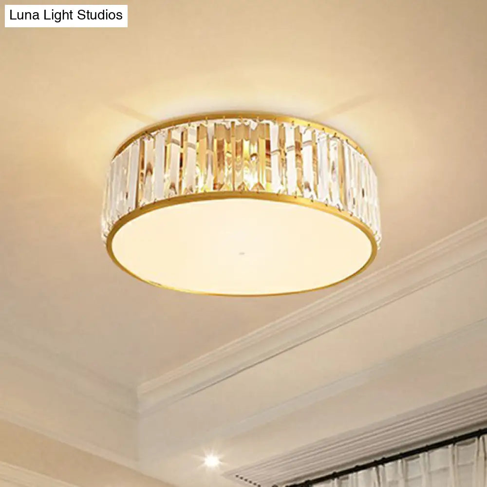 Prismatic Optic Crystal Ceiling Lamp: Simple Drum Shape Clear Flush Mount Lighting For Bedrooms