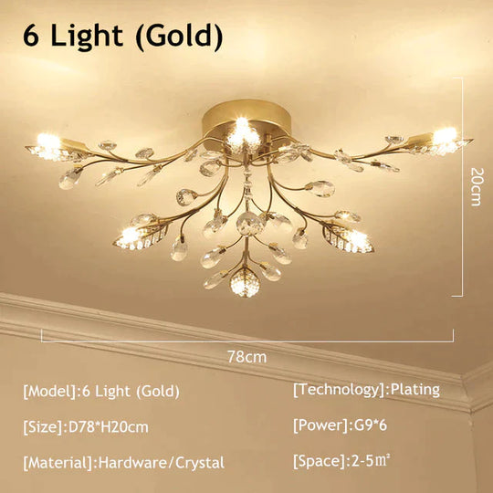 Vintage Led Ceiling Light Crystal Lamp For Living Room Loft 6 Lights Gold / Warm White