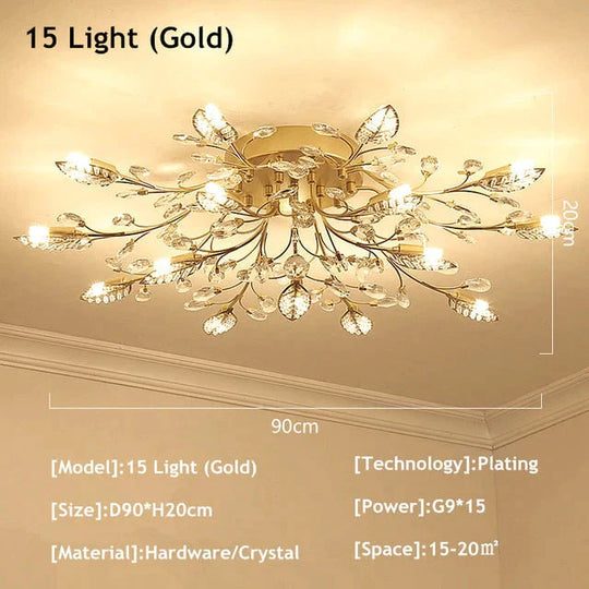 Vintage Led Ceiling Light Crystal Lamp For Living Room Loft 15 Lights Gold / Warm White