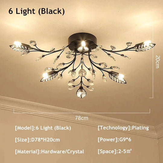 Vintage Led Ceiling Light Crystal Lamp For Living Room Loft 6 Lights Black / Warm White