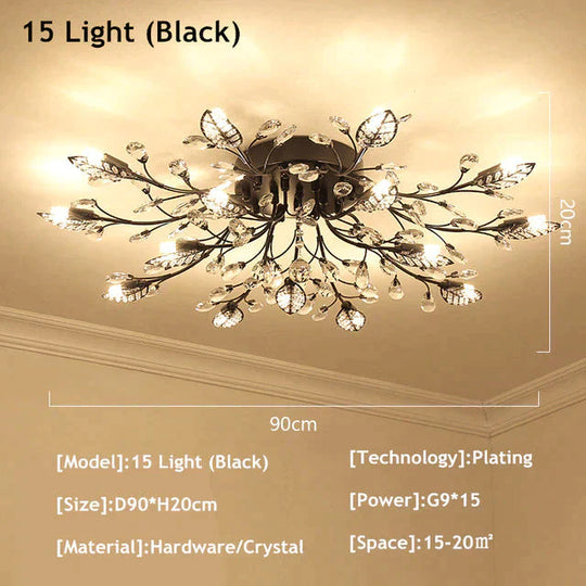 Vintage Led Ceiling Light Crystal Lamp For Living Room Loft 15 Lights Black / Warm White