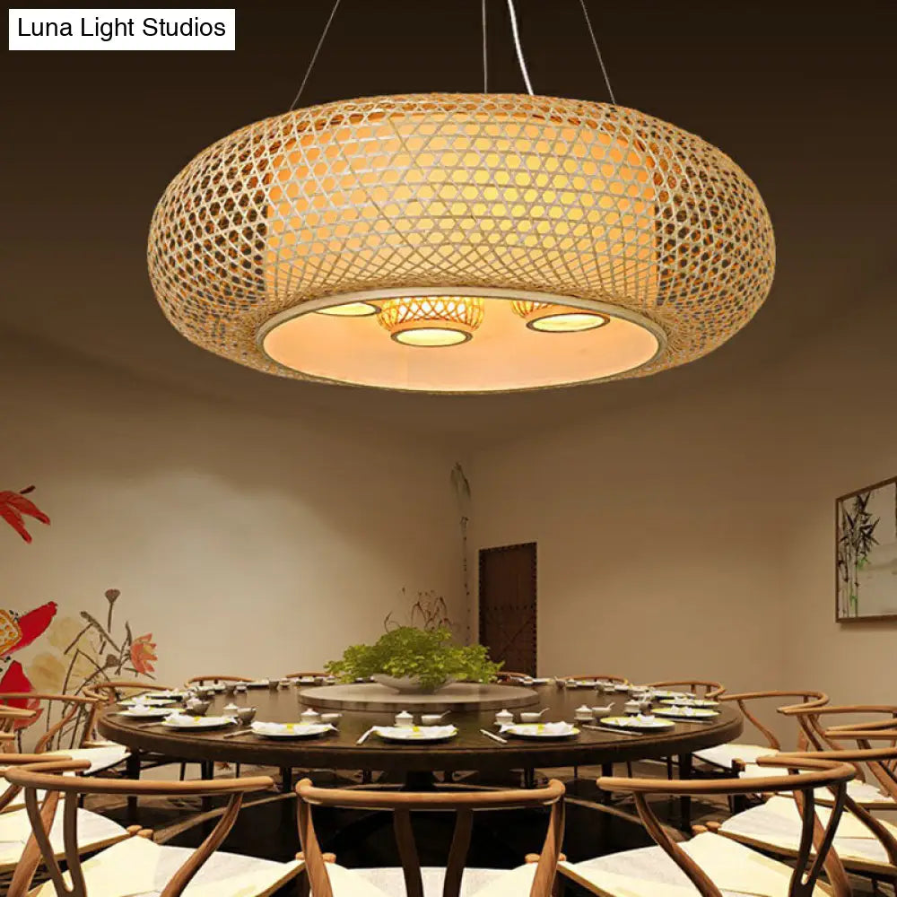 Pumpkin Bamboo Ceiling Light Fixture - South-East Asian Design 4 Bulbs Wood Chandelier