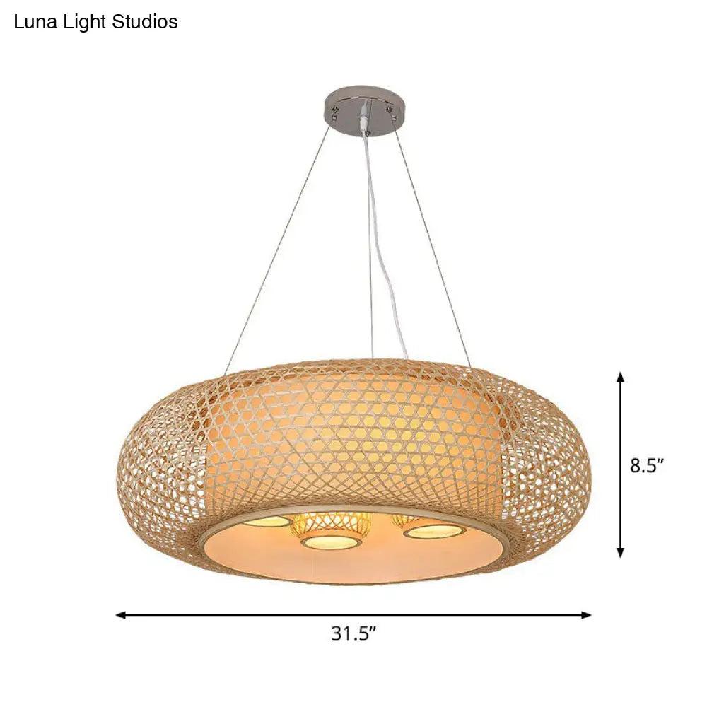 Pumpkin Bamboo Ceiling Light Fixture - South-East Asian Design 4 Bulbs Wood Chandelier