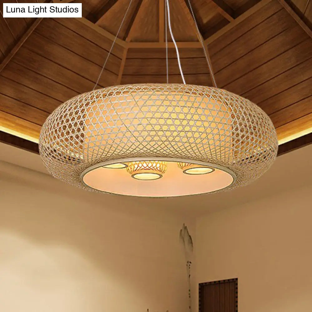 Pumpkin Bamboo Ceiling Light Fixture - South-East Asian Design 4 Bulbs Wood Chandelier