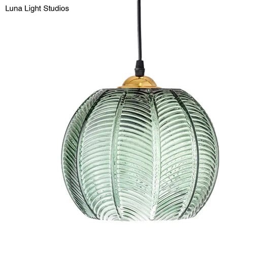 Pumpkin Dinette Pendant Lamp Green Ribbed Glass 1 Head Retro Style Hanging Light Kit