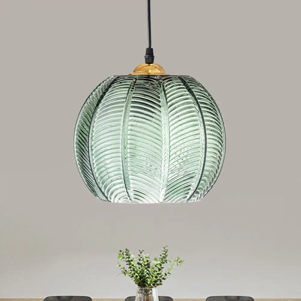 Pumpkin Dinette Pendant Lamp Green Ribbed Glass 1 Head Retro Style Hanging Light Kit