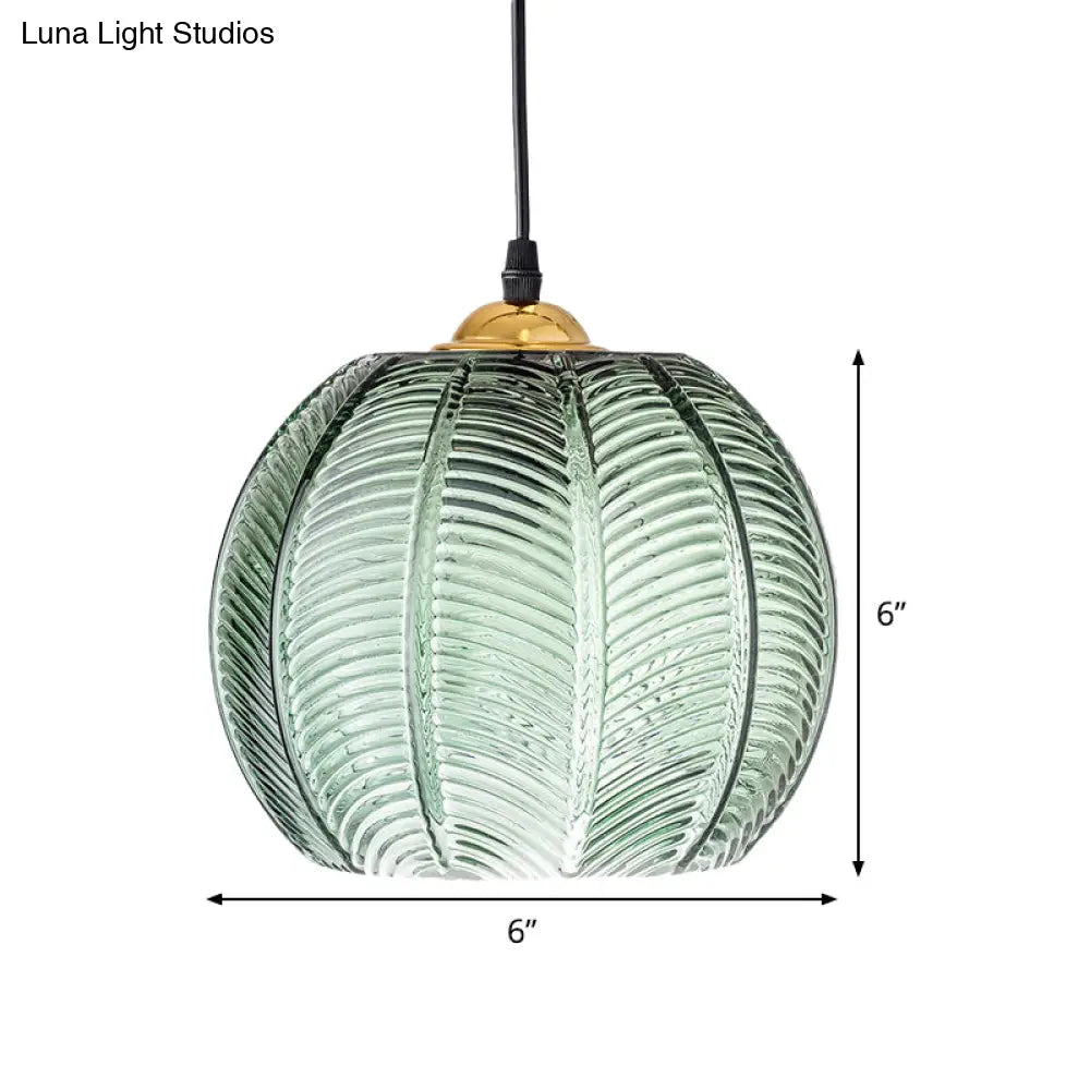 Pumpkin Dinette Pendant Lamp Green Ribbed Glass 1 Head Retro Style Hanging Light Kit