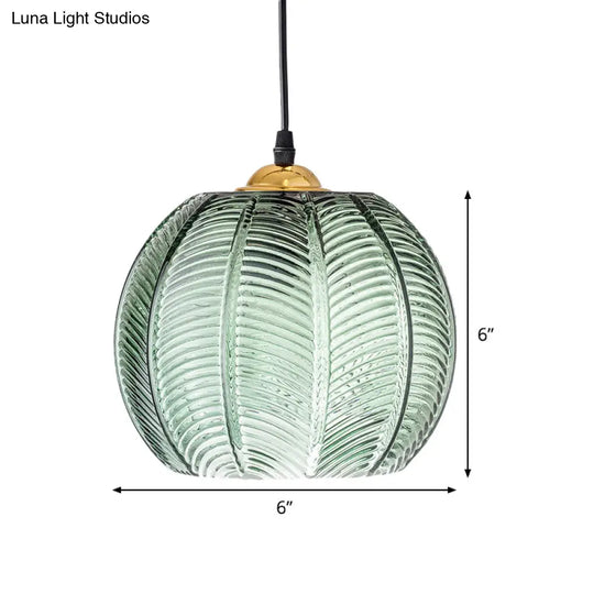 Pumpkin Dinette Pendant Lamp Green Ribbed Glass 1 Head Retro Style Hanging Light Kit