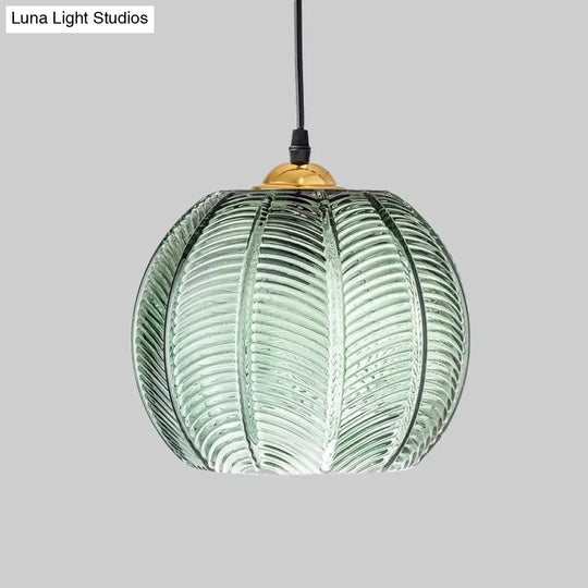 Pumpkin Dinette Pendant Lamp Green Ribbed Glass 1 Head Retro Style Hanging Light Kit