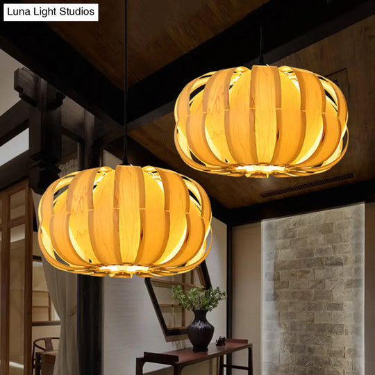 Pumpkin Parlor Hanging Light Kit: Wooden 2-Light Asian Pendant In Beige - Striking Suspension