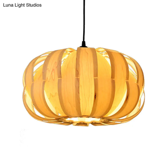 Pumpkin Parlor Hanging Light Kit: Wooden 2-Light Asian Pendant In Beige - Striking Suspension