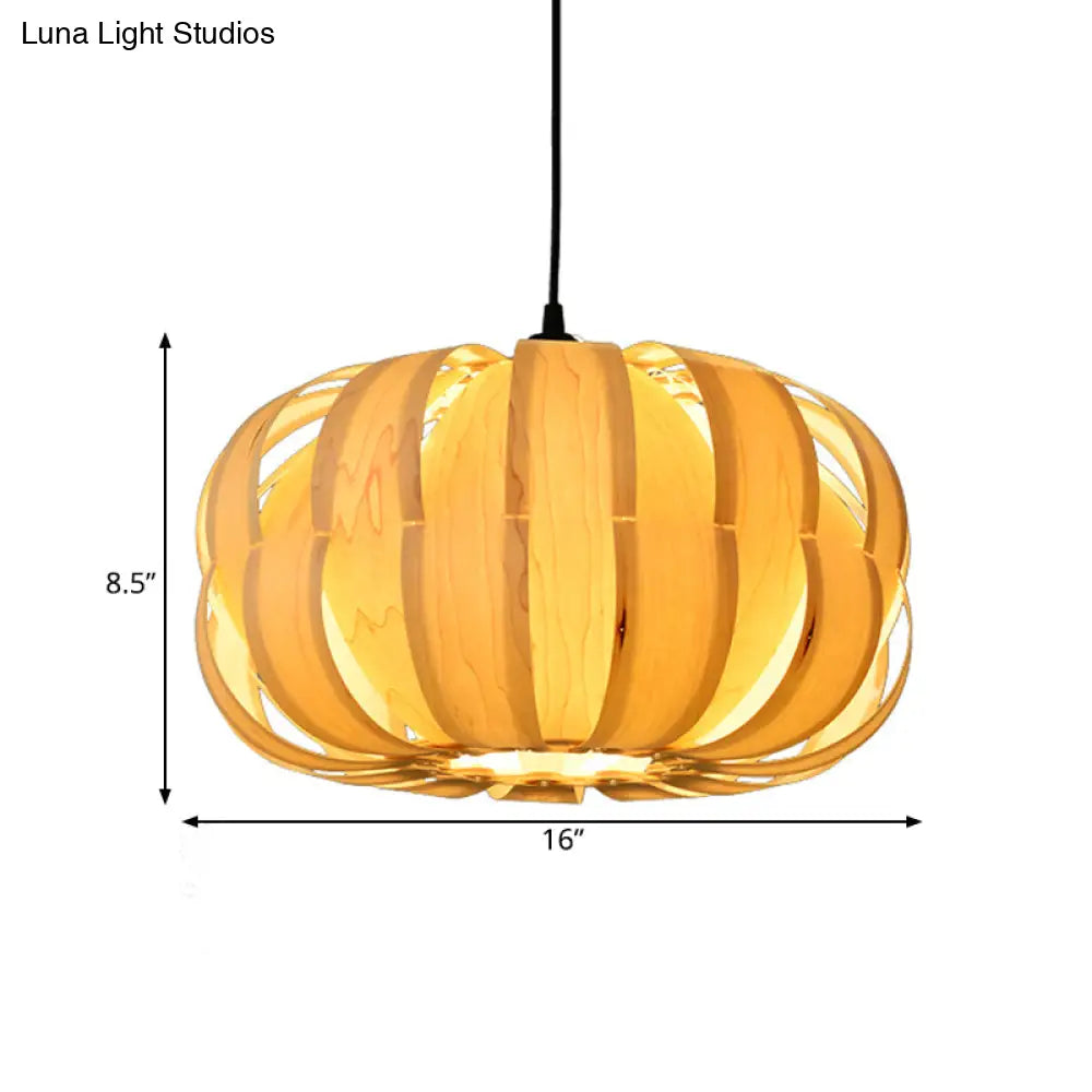 Pumpkin Parlor Hanging Light Kit: Wooden 2-Light Asian Pendant In Beige - Striking Suspension