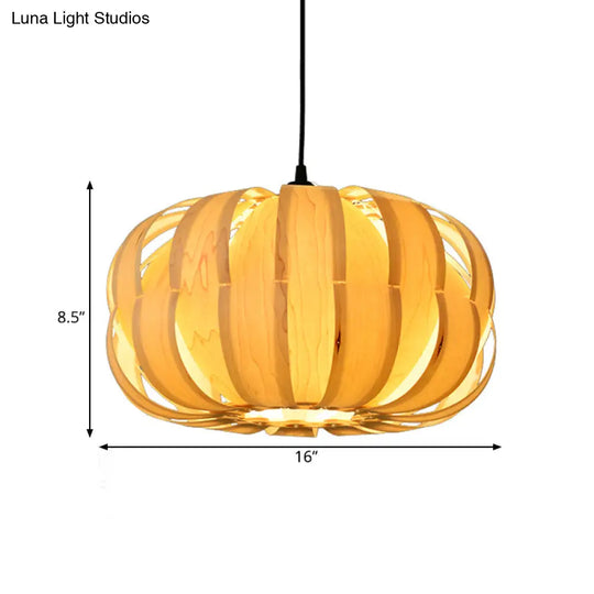 Pumpkin Parlor Hanging Light Kit: Wooden 2-Light Asian Pendant In Beige - Striking Suspension