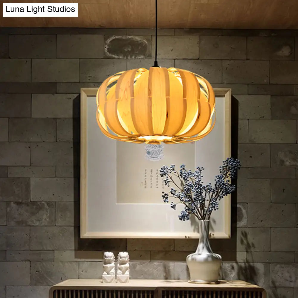 Pumpkin Parlor Hanging Light Kit: Wooden 2-Light Asian Pendant In Beige - Striking Suspension