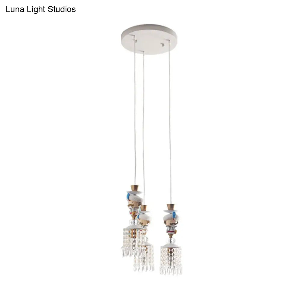 Puppet Bedroom Hanging Light Fixture - Modern Pendant Lighting In White With Crystal Drop Metal 1/3