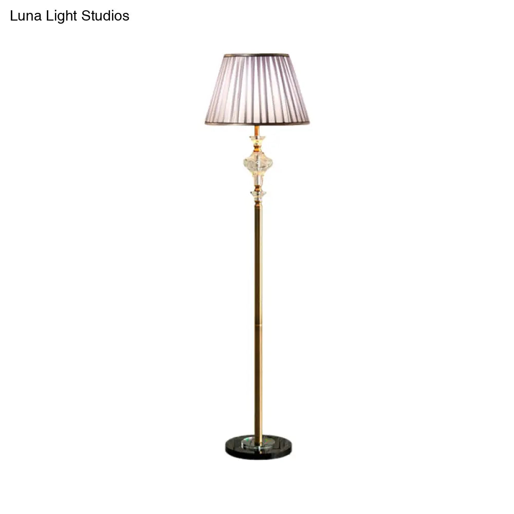 Purple Fabric Pleated Shade Standing Floor Lamp With Clear Crystal Accent