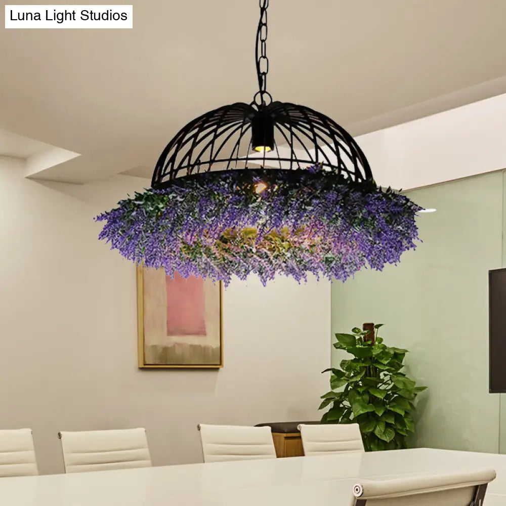 Antique Iron Ceiling Pendant Light Fixture With Purple/Green Bowl Cage And Plant Decoration Purple