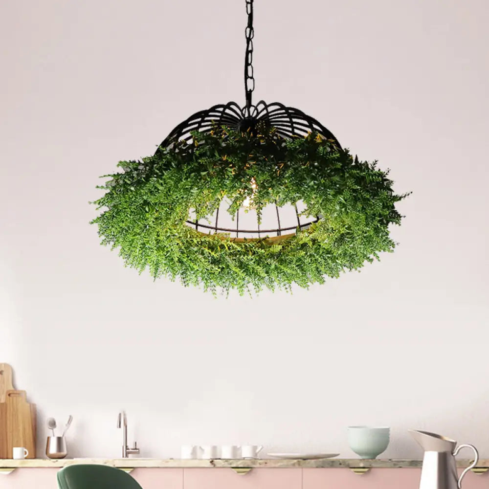 Purple/Green Antique Iron Ceiling Pendant With Plant Deco - 1 Head Hanging Light Fixture Green
