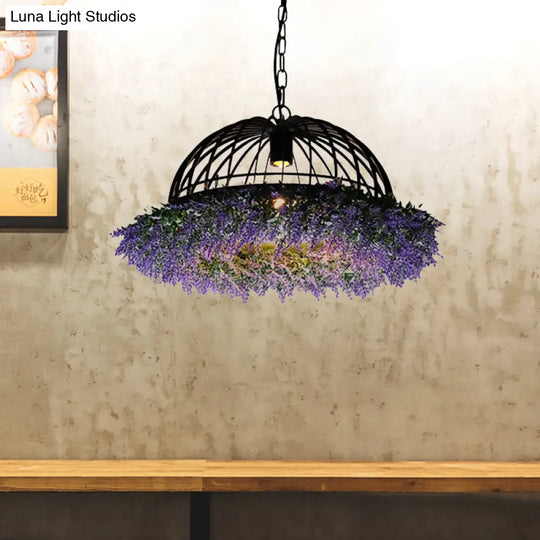 Purple/Green Antique Iron Ceiling Pendant With Plant Deco - 1 Head Hanging Light Fixture