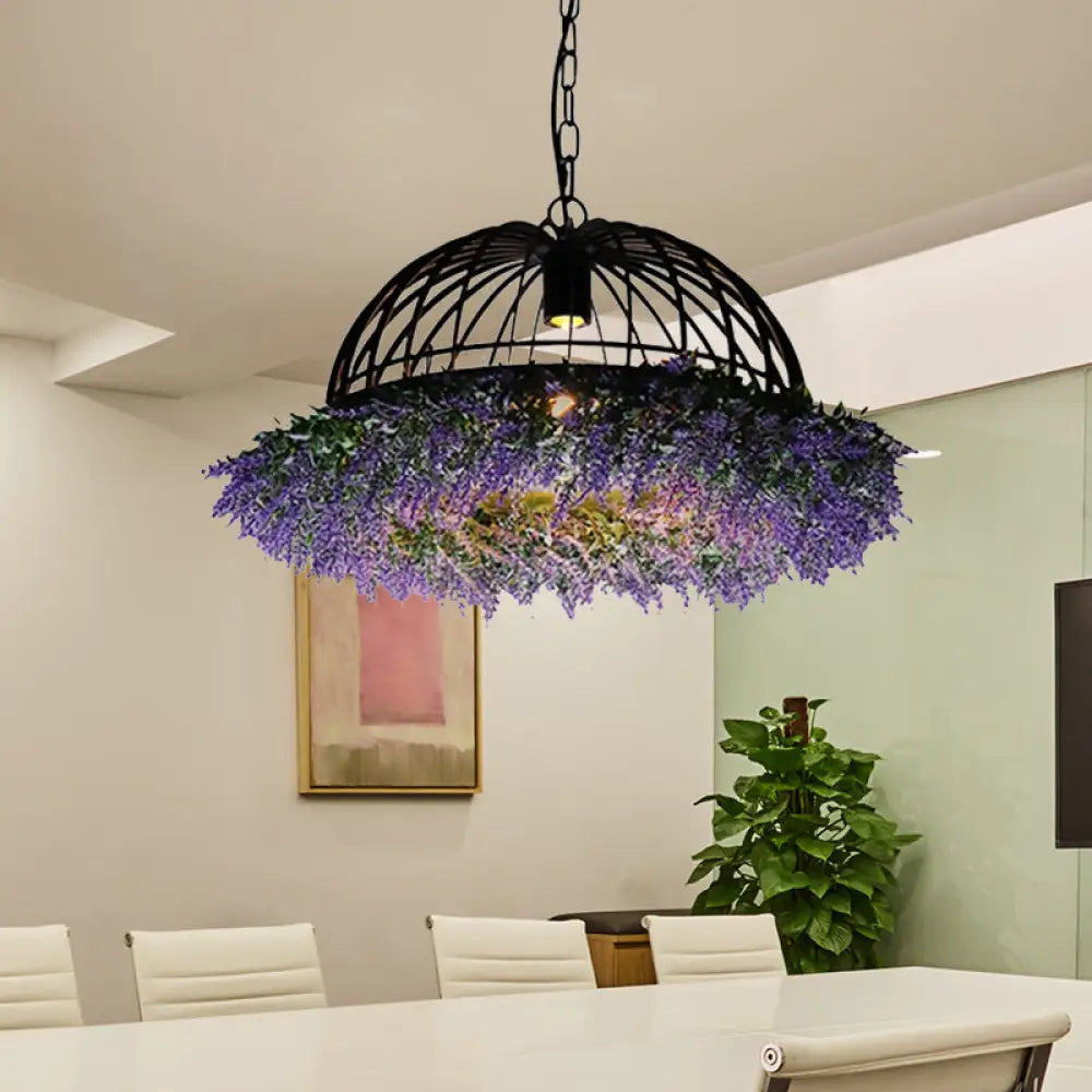 Purple/Green Antique Iron Ceiling Pendant With Plant Deco - 1 Head Hanging Light Fixture Purple